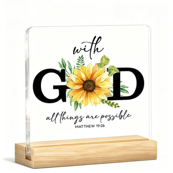 Engraved Sunflower Christian Bible Verse Acrylic Table Sign with Wooden Stand, Memorial Inspirational Faith Decor for Office/Home, Matthew 19:26 "With God All Things Are Possible" Religious Gift for Women (Church Baptism)