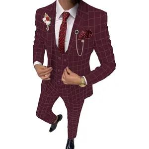 Mens Suit Plaid Tuxedos Business Suits Slim Fit Double Breasted
