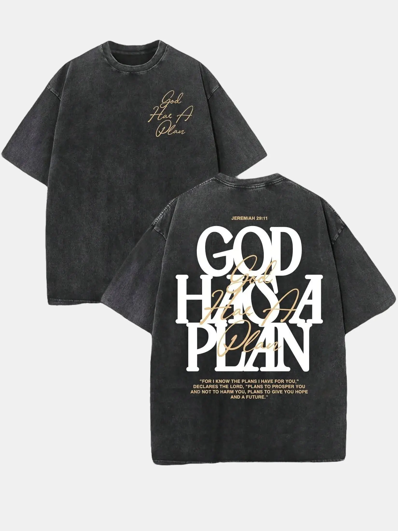 Men's Retro Washed Streetwear T-Shirt, Casual Round Neck Top with "GOD HAS A PLAN" Double-Sided Text Graphic and Distressed Effect