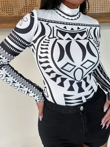 Women's Long Sleeve High Collar Comfy and Stylish Bodysuit，for All Seasons，Retro Style Print，Exotic Style Turtle Neck bodysuit-LTY50
