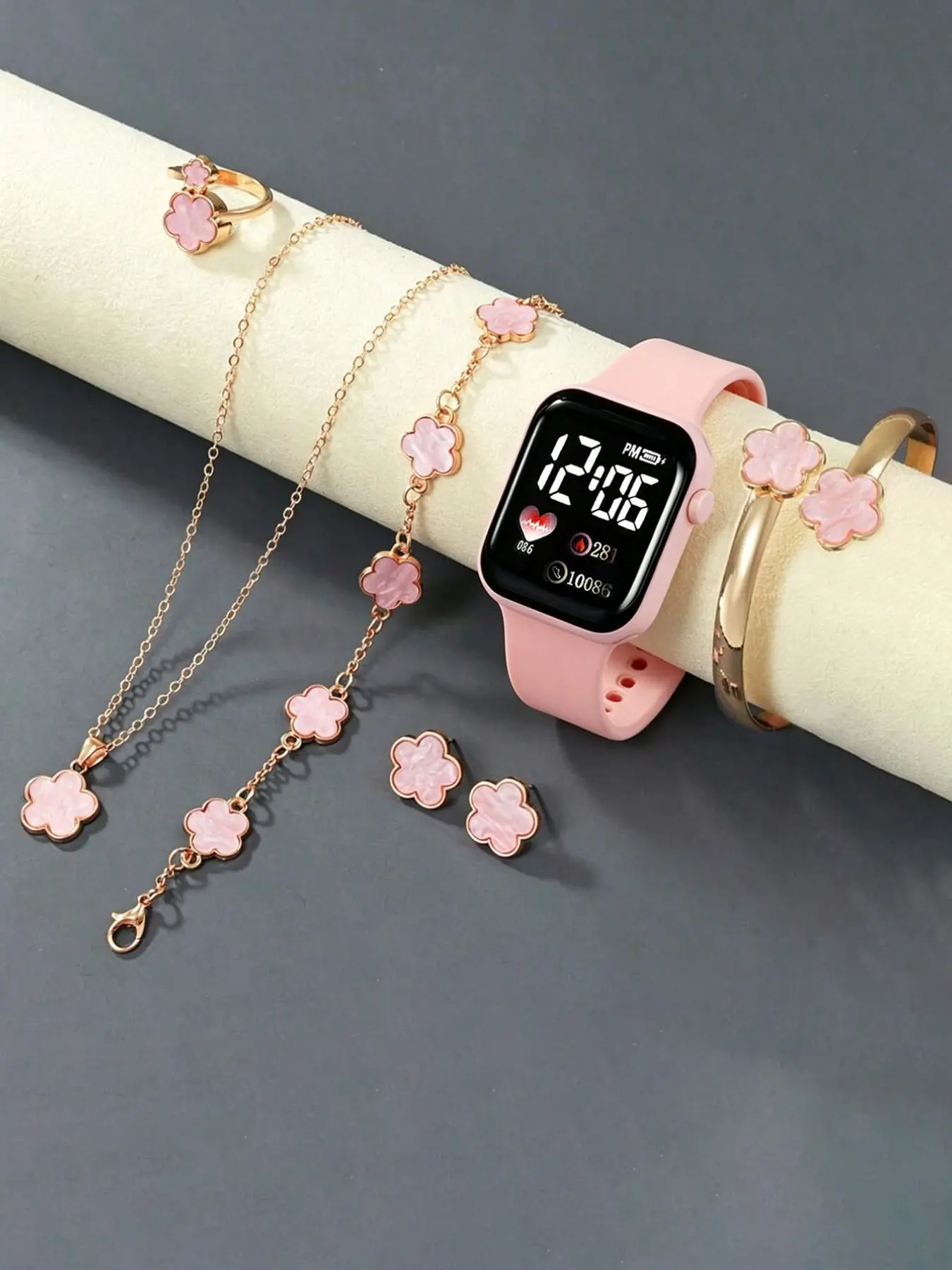 Women's Heart LED Electronic Casual Trendy Fashionable Wristwatch Set, Digital Analog Watch, Floral Jewelry Bracelet Necklace Ring Earrings, Perfect Birthday Gift, Casual Fashion Accessories