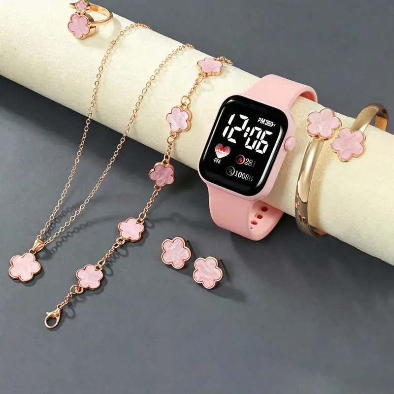 Women's Heart LED Electronic Watch Set, Fashion Wristwatches, Floral Jewelry Bracelet Necklace Ring Earrings, Perfect Birthday Gift, Casual Accessories
