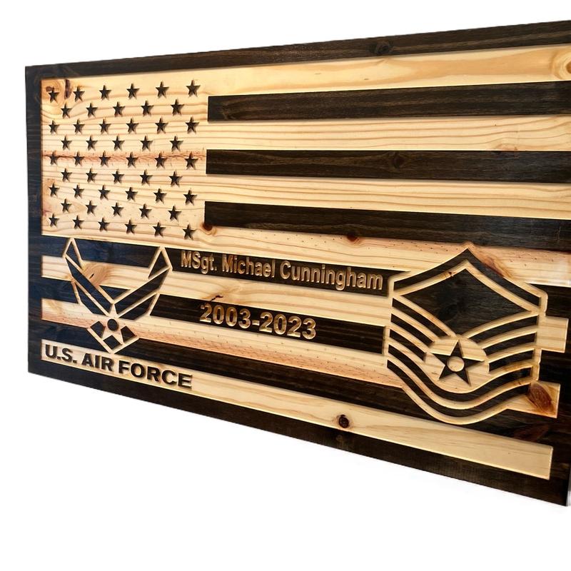 Custom engraved wooden American flags for police, firefighters, veterans or active duty military make great decor and hangable.