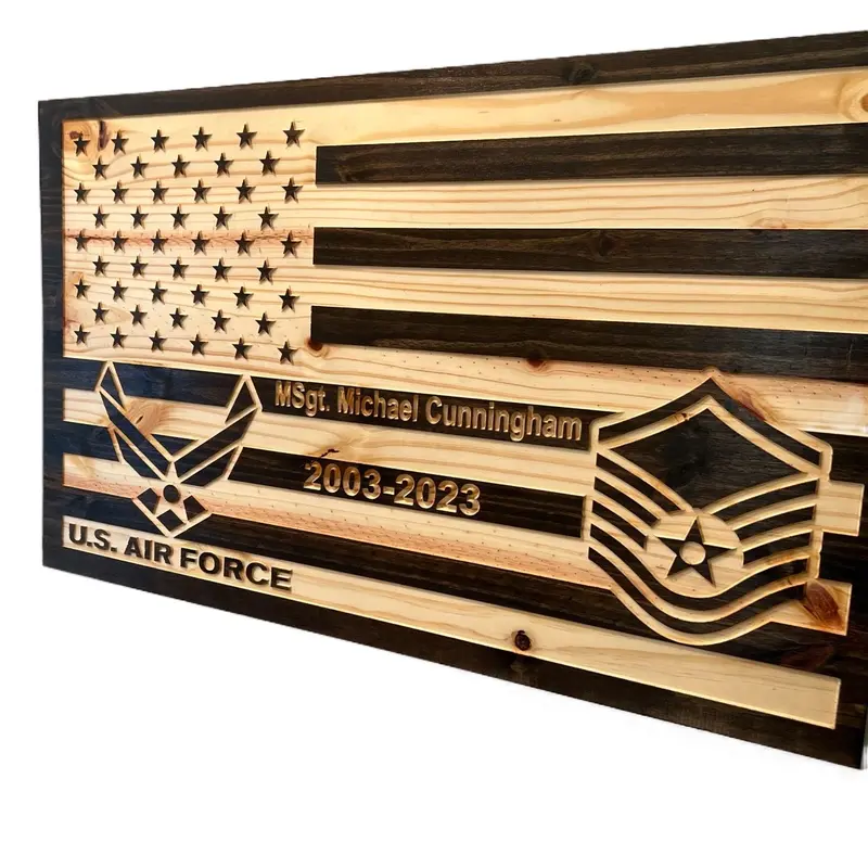Custom engraved wooden American flags for police, firefighters, veterans or active duty military make great decor and hangable.