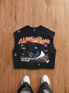 Men's Short Box Vest, Summer Vacation Basic, Sequin Bead Craft, Gothic Eyes Text Pattern, Casual Streetwear Inner Layer Outer Wear