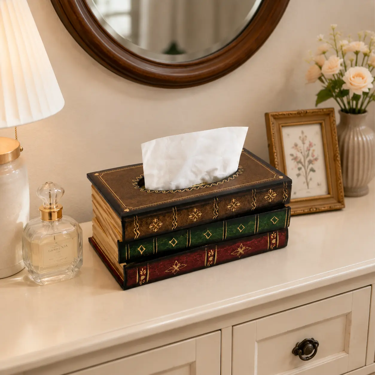 Ohdandan Vintage Book Tissue Box Cover, Handmade Wooden Tissue Holder with Antique Book Design, Decorative Tissue Box for Home, Office & Bedroom Decor