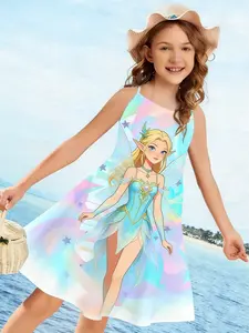 Girls' Sweet Dreamy Fairy Portrait Theme Fashion Dress, Anime Pattern Printed Dress, Casual New Trend Clothing, Birthday Gift, Ages 4-12