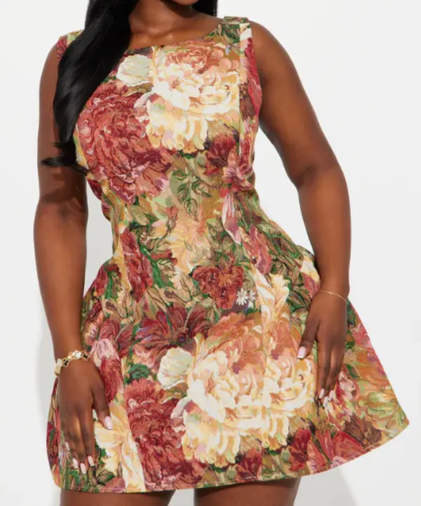 Brittany Floral Jacquard Mini Dress - Burgundy/combo