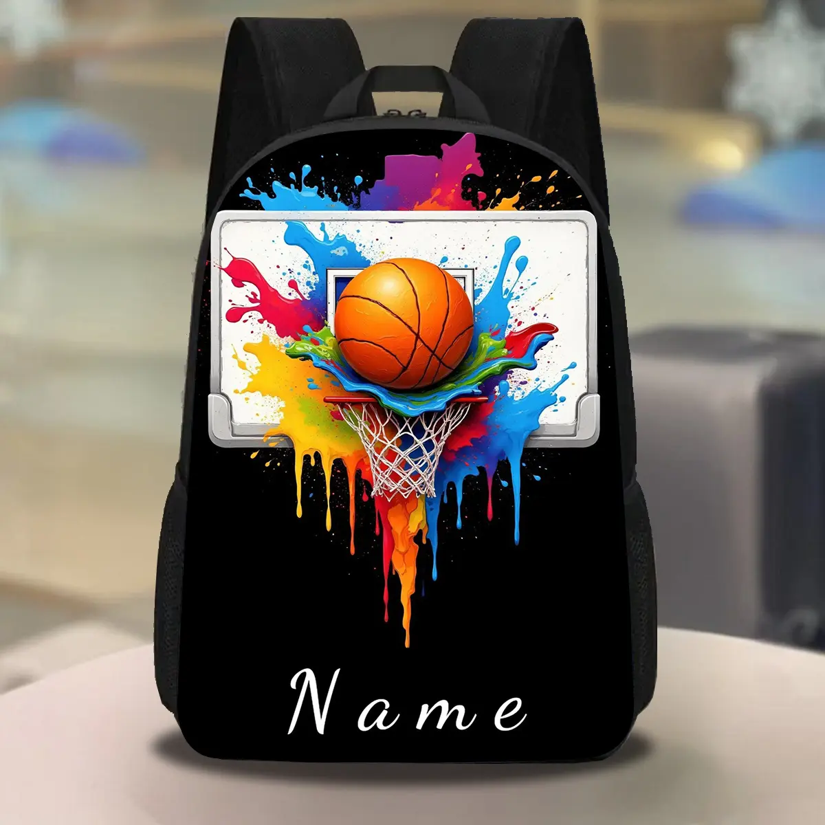 1pcs, Name customization, basketball pattern shoulder bag, bright cartoon pattern, large capacity 17 inch casual backpack notebook bag, with water bottle holder, adjustable shoulder strap, lightweight and durable, a unique gift for family and friends