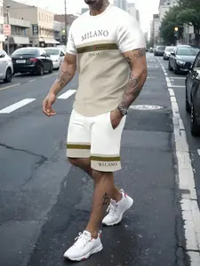 Men's Outdoor Summer Fashion Round Neck Short Sleeve Set, Digital Print Letter Pattern, Casual Streetwear, Perfect for Daily Wear, Gifts