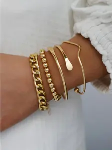 4Pcs Gold Stackable Bracelet Set for Women, Chunky Cuban Link & Beaded Bangle Set, Trendy Everyday Jewelry