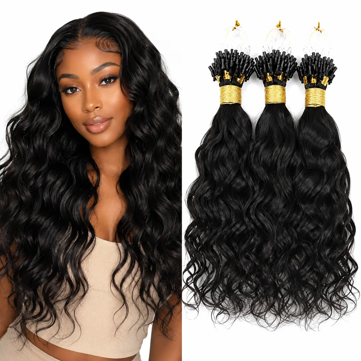 Synthetic Fiber Curly Wavy Hair Extensions - 3-Pack Black Luxurious Pieces with Gold Ties for Easy Application, Secure Hold and Natural Look