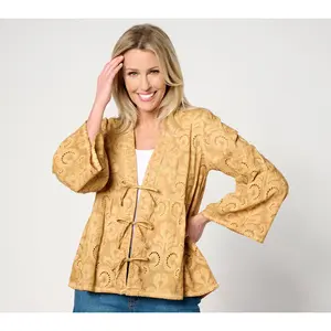 LOGO Lavish by Lori Goldstein Eyelet Lace Tie-Front Cardigan