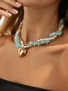 Turquoise Imitation Pearl Necklace, Blue Stone Heart Pendant Choker, Elegant Lockbone Chain Jewelry for Women