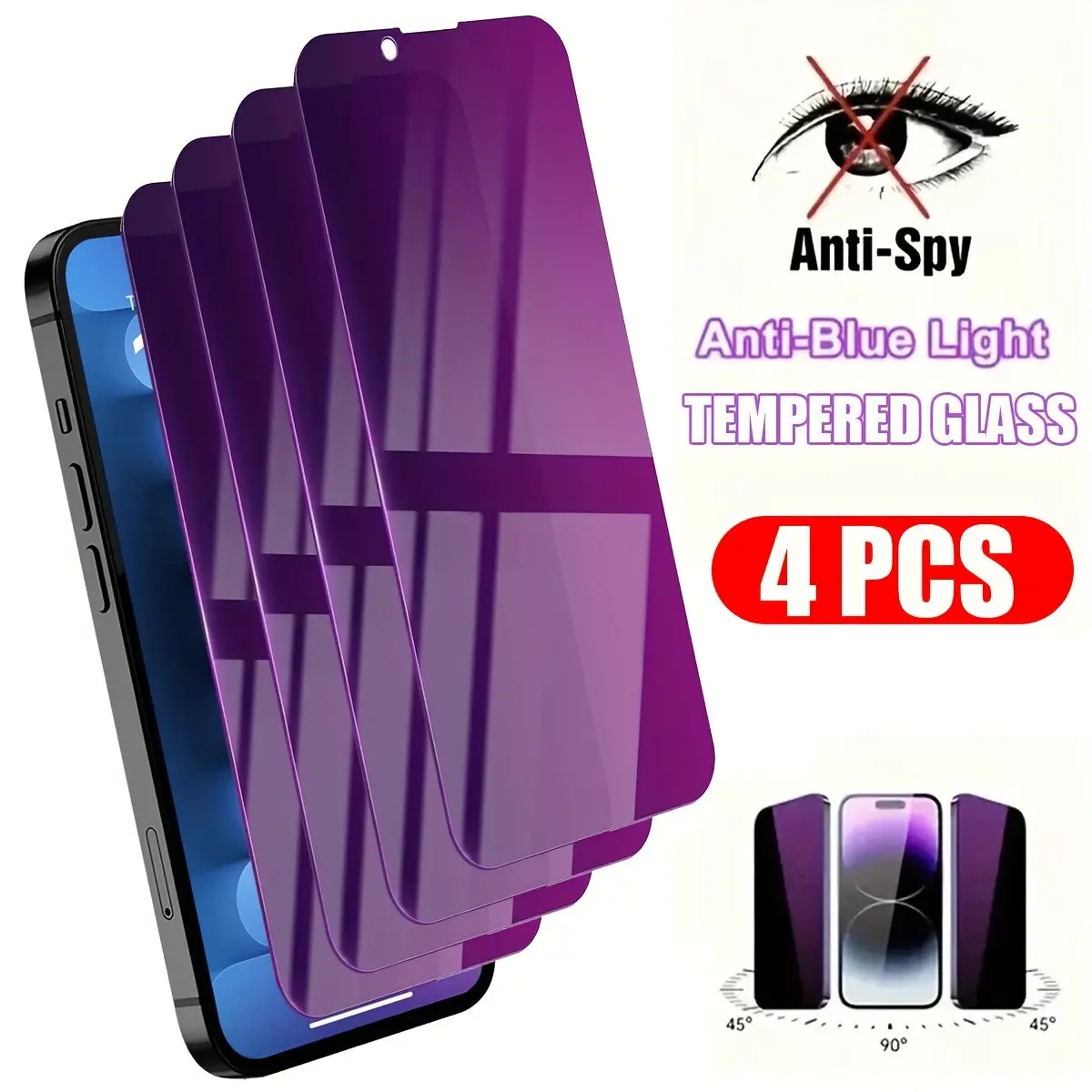 4pcs Anti-Blue Light Privacy Screen Protectors Compatible with iPhone 17 Air/16e/15/14/13/12/11 Pro Max/Pro/Plus/Mini/XR/XS, Smartphone, 9H Hardness, Full Coverage, Anti-Blue Light, Anti-fingerprint, anti-spy, for Privacyconscious Buyers