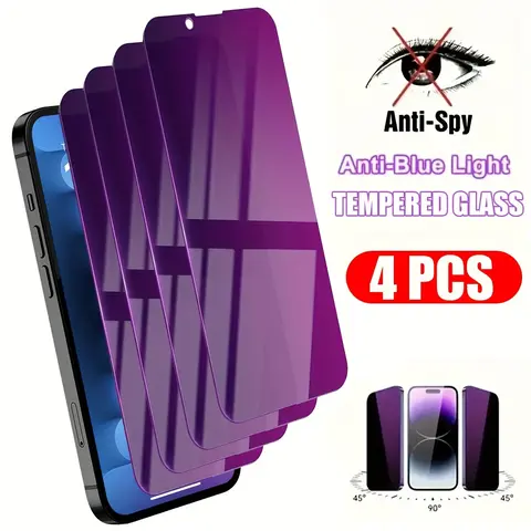 4pcs Anti-Blue Light Privacy Screen Protectors, Tempered Glass Protector, Compatible with iPhone 17 Air/16e/15/14/13/12/11 Pro Max/Pro/Plus/Mini/XR/XS, 9H Hardness, Full Coverage, Anti-fingerprint, Anti-spy