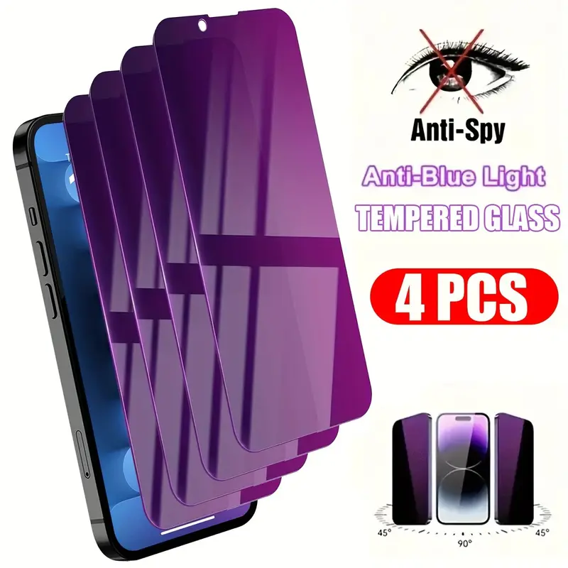 4pcs Anti-Blue Light Privacy Screen Protectors, Tempered Glass Protector, Compatible with iPhone 17 Air/16e/15/14/13/12/11 Pro Max/Pro/Plus/Mini/XR/XS, 9H Hardness, Full Coverage, Anti-fingerprint, Anti-spy