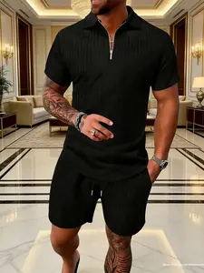 Men's 2 Piece Ribbed Zip Up Polo Shirt and Shorts Set – Casual Short Sleeve Tracksuit, Streetwear Fashion Outfit, Lightweight Breathable Matching Set for Summer, Gym, Beach, Vacation, and Daily Wear