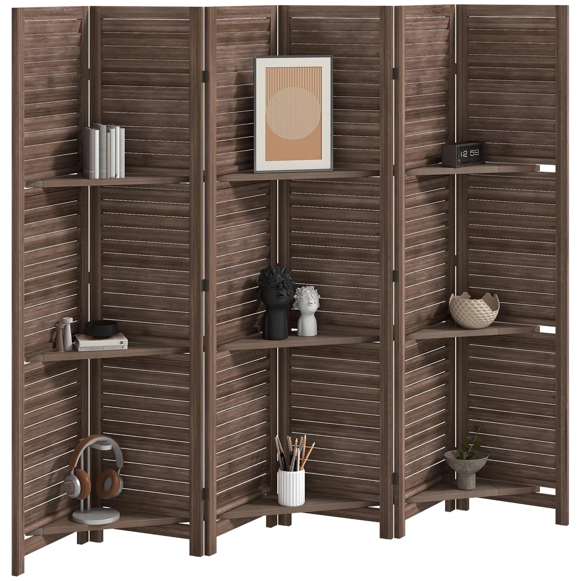 HOMCOM Room Divider, 4/5/6 Panel 67" Tall Wood Privacy Screen with 3 Display Shelves, and Folding Storage for Bedroom or Home Office