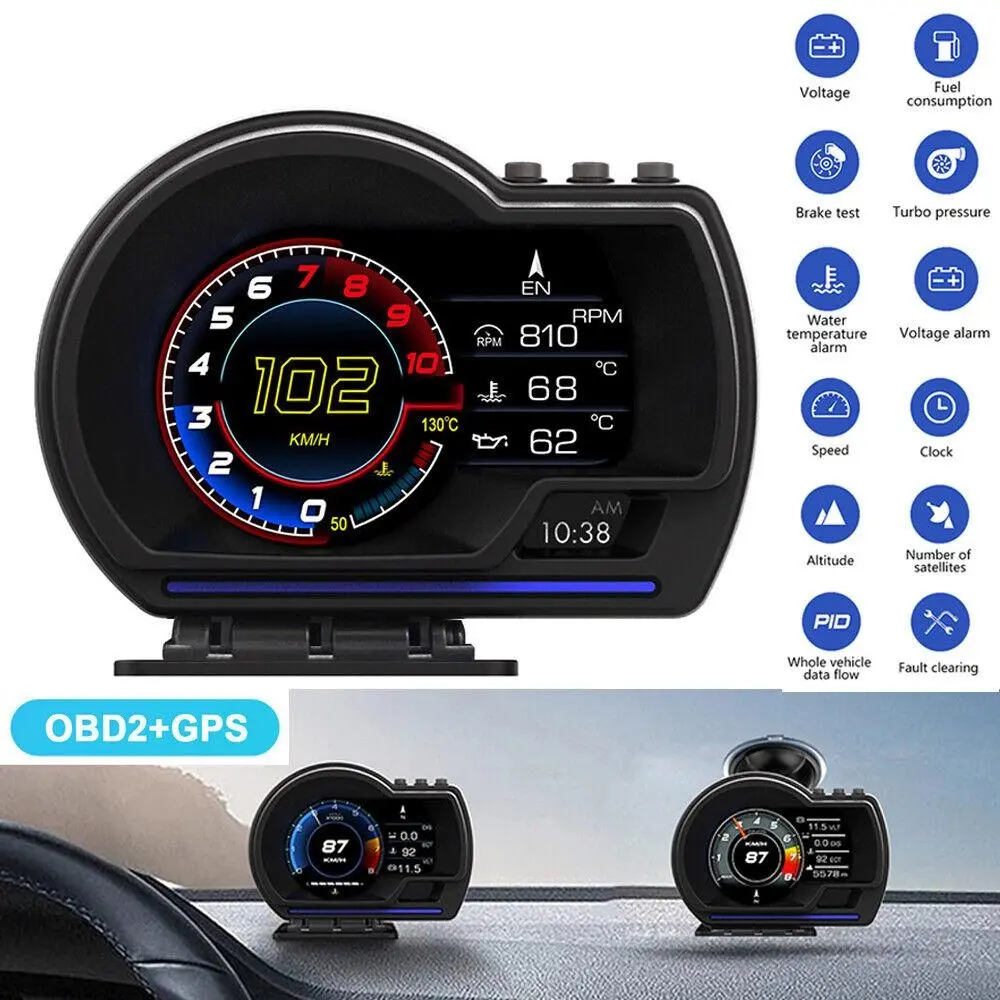 RIMOODY Multifunctional OBD2+GPS Dual-System Car HUD Gauge - Plug-and-Play Head-Up Digital Display with Speedometer, Turbo, RPM, Temp Alarm, Altitude, Center Console Car Accessories, Father's Day Gift for Gasoline Dashboards