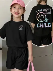 Kids Black "Somebody's Feral Child" 2-Piece Set - 2026 Trending Cool Children's Outfit, Soft Cotton Perfect for School & Play