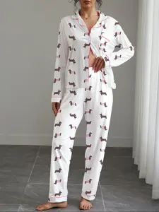 Women's Cute Cartoon Dog Print Pajama Set, Long Sleeve Lapel Cardigan & Elastic Pants, Casual All-Season Sleepwear