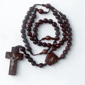Handmade Catholic Wood Rosary Necklace with Jesus of Mercy Image Wooden Cross Pendant