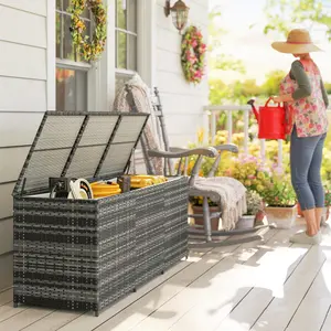 Outdoor Rattan Wicker Storage Box Organiser - Steel-Frame, 110 Lb Capacity, for Large Outdoor Items, Cushions, Assembly Required
