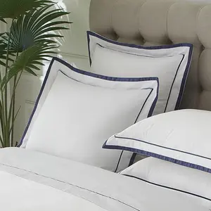 White Euro Pillow Shams Set of 2,   Euro Sham Covers with Navy Embroidered Double Border, 400TC Sateen Weave Elegant Luxury Hotel Decorative Pillow Cases for Bedding, 26x26 Inches