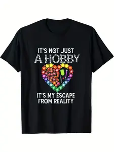 Graphic T-Shirt for Women Featuring Diamond Painting - More Than a Hobby, It'S My Way to Escape Reality. Design Includes Colorful Heart And Paintbrush Art, Casual Crew Neck Short Sleeve Tee, Black Summer Top with Classic Retro Style, Plus Size