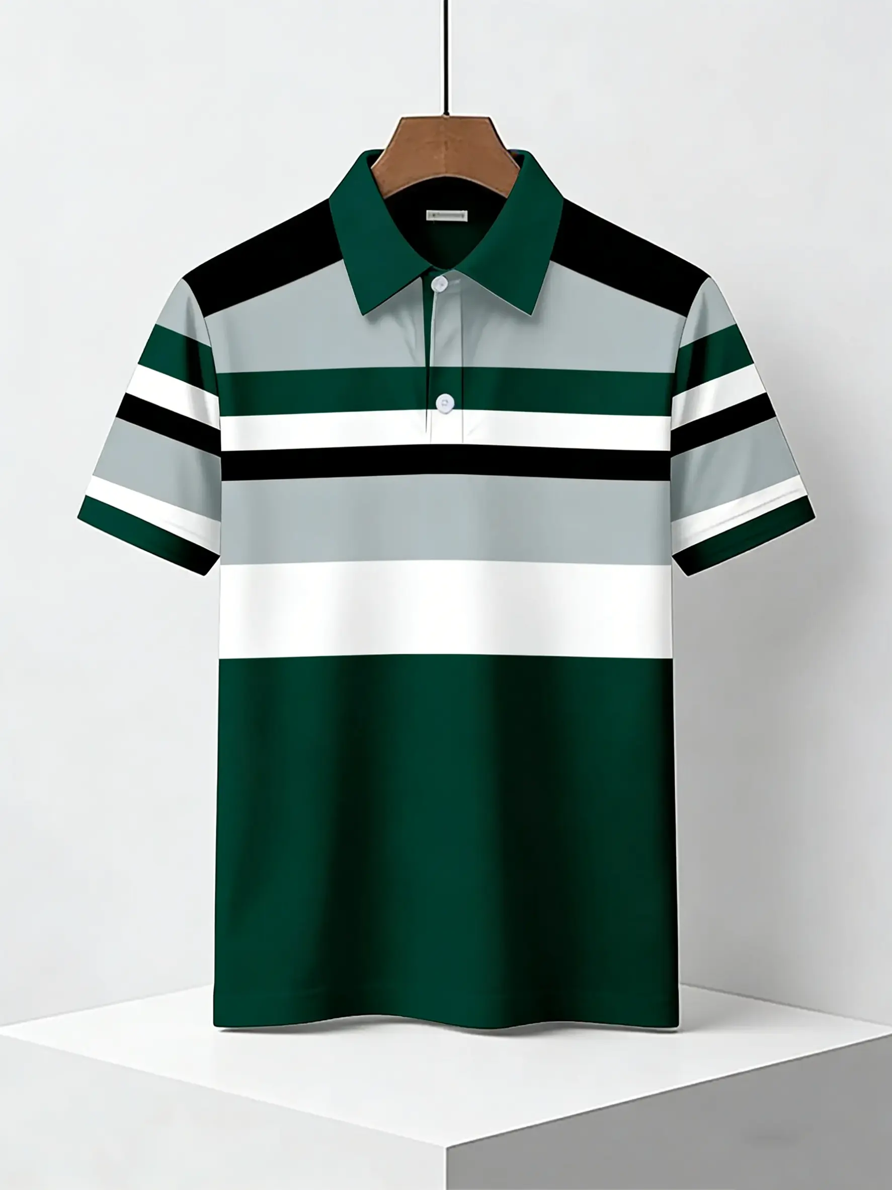 Men's casual striped printed golf polo shirt, short sleeved button knit top, regular fit, polyester fabric, lightweight and breathable, suitable for spring, summer, autumn, winter, fashionable street style.