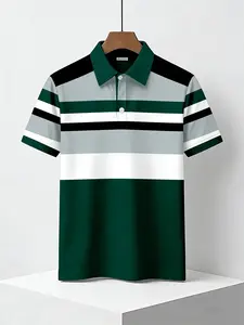 Men's casual striped printed golf polo shirt, short sleeved button knit top, regular fit, polyester fabric, lightweight and breathable, suitable for spring, summer, autumn, winter, fashionable street style.
