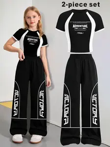 Girls' Clothing Set, Y2K Street Style, Letter Print Long Sleeve T-Shirt, Sporty Wide Leg Pants, Summer Outfits Set for Ages 10-12