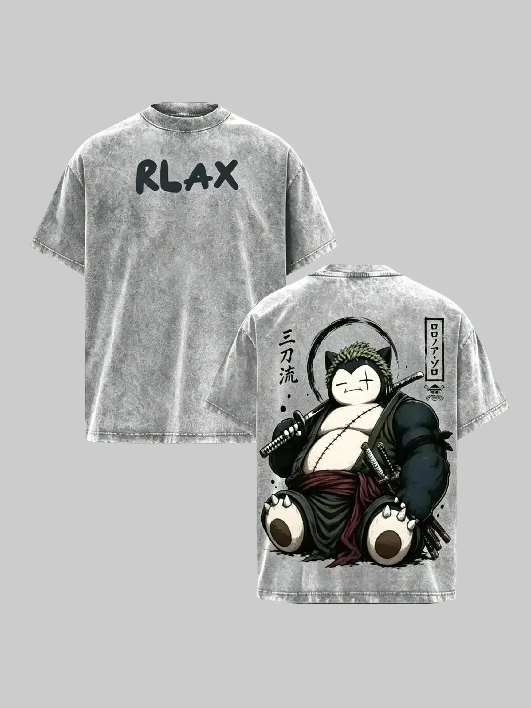 Men's Snorlax & 1 Piece Roronoa Zoro Menswear Shortsleeve Crewneck Graphic Tee - Vintage Graphic Tees, Loose Anime Streetwear, 3-Sword Look, Japanese Kanji Washed Print, Oversized Fit, Printed Art, Kanji Graphics, Crew Neck