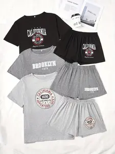 Women's Letter Print Matching Sleepwear Set, Three-Piece Short Sleeve Shorts Pajama Suit, Casual Loose Fit All Seasons Loungewear, Outfits