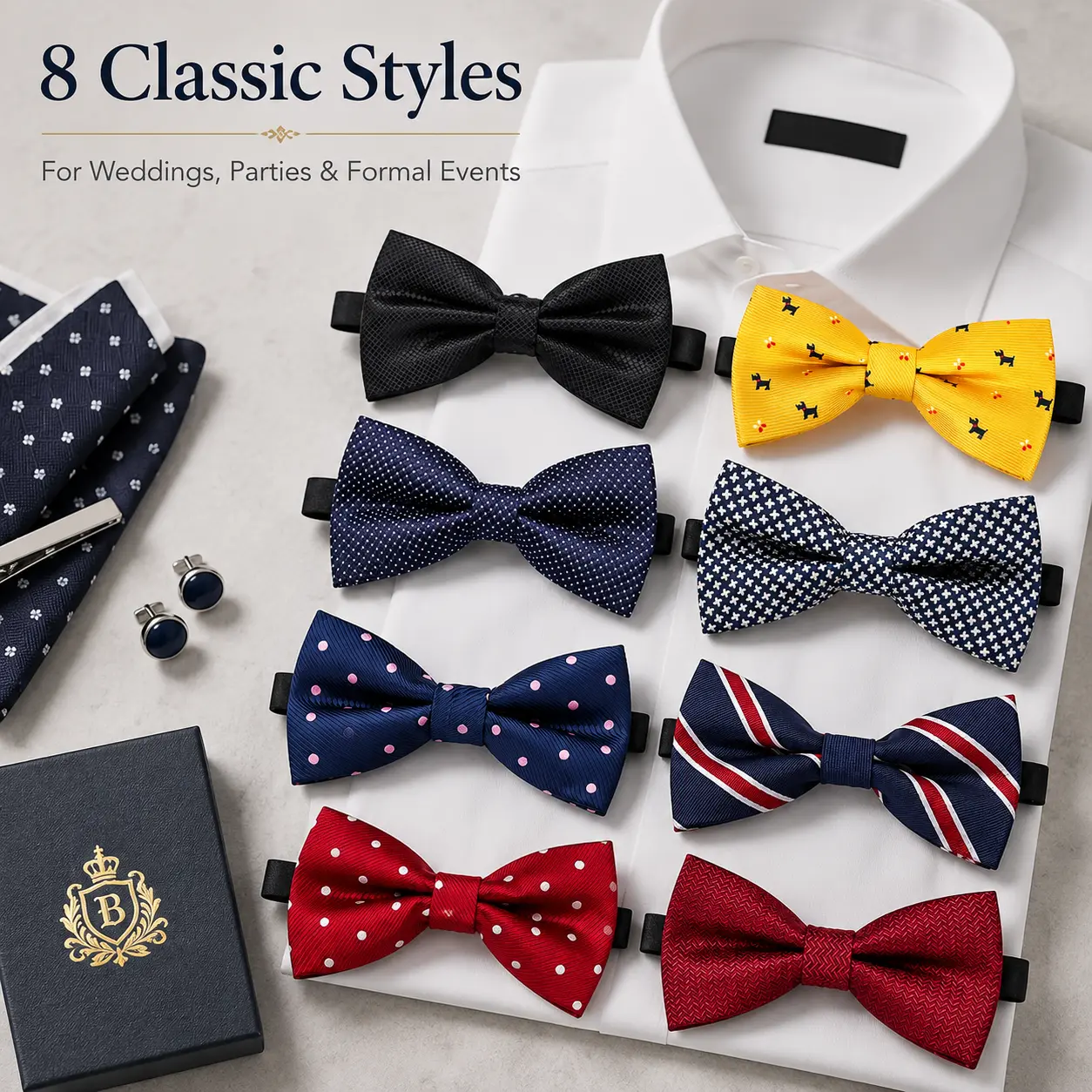 8-Pack Adjustable Pre-Tied Bow Tie Set for Men and Boys, Assorted Solid and Patterned Formal Neckwear for Weddings, Parties, Proms and Special Events