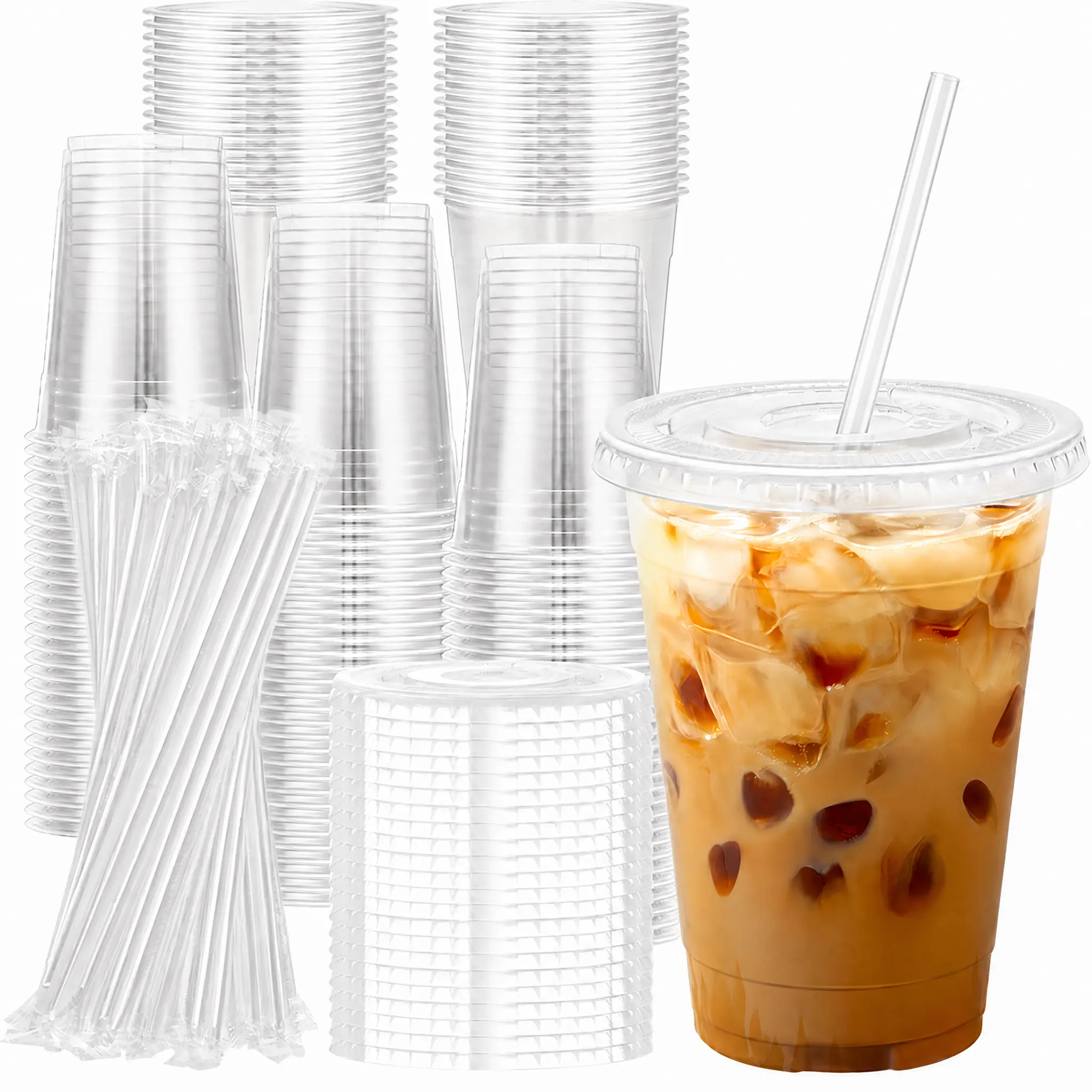 40 Sets Disposable 16oz BPA-Free Plastic To-Go Cups with Lids and Straws, for Iced Coffee, Boba (Indoor Leisure, Takeaway Drinks)