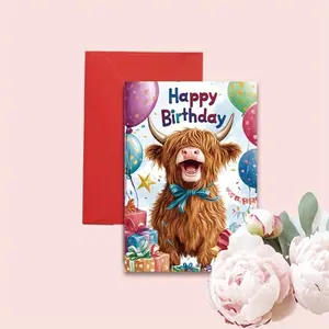 1Pc Fun Highland Cow Themed Birthday Cards, Perfect Birthday Cards for Family, Friends Comes with Envelopes, Fun Party Cards