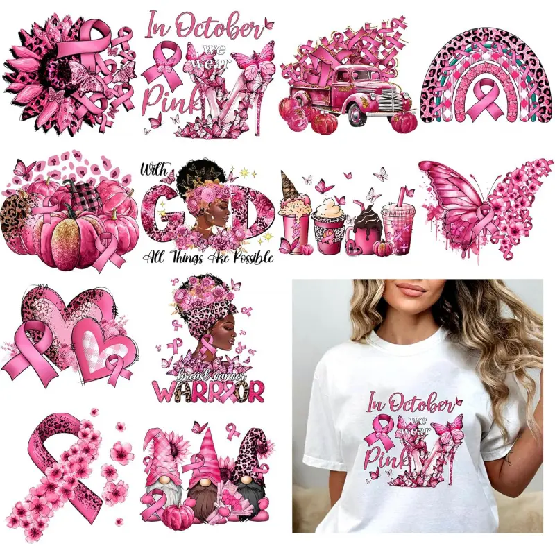 12 Pcs Breast Cancer Awareness Iron on Transfer Ribbon Heat Transfer Stickers Patches Decals Sunflower Butterfly Heart Vinyl Sticker for DIY T-Shirt Pillow Clothes, X8HL84II1A7O