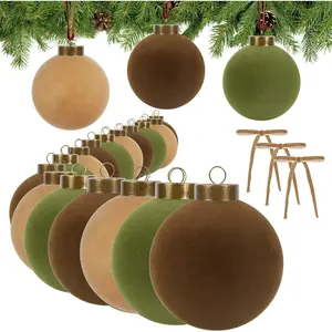 15 count 3.15"  Christmas Balls with 10 count  Bows Christmas Tree Ornaments Set Flocked Christmas Balls for Xmas Decorative  Ornaments(Brown, Green, Khaki)