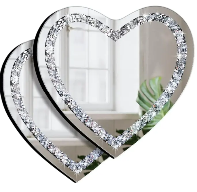 2 Pack Heart Shaped Silver Wall Mirrors With Crystal Crush Design Decorative Glass Mirror 12x12 Inch