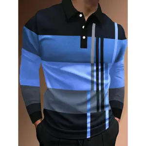 2026 Men's Regular Fit Colorblock Print Long Sleeve Polo Shirt Casual Half Placket Street Style Collared Top for Daily Wear Breathable