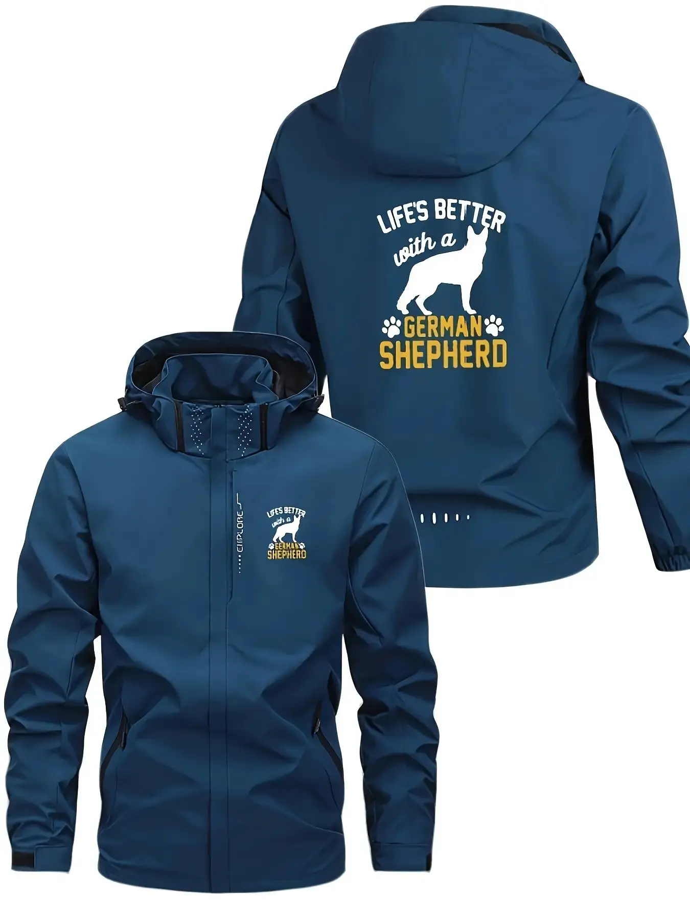 Unisex Thick Windproof German Shepherd Print Jacket, Four-Season Full Zip Hooded Coat, Outdoor Casual Wear