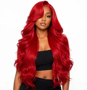 Red HD Lace Front Body Wave Wig – Premium Blend 70% Human Hair, Pre-Plucked 13x4 Lace