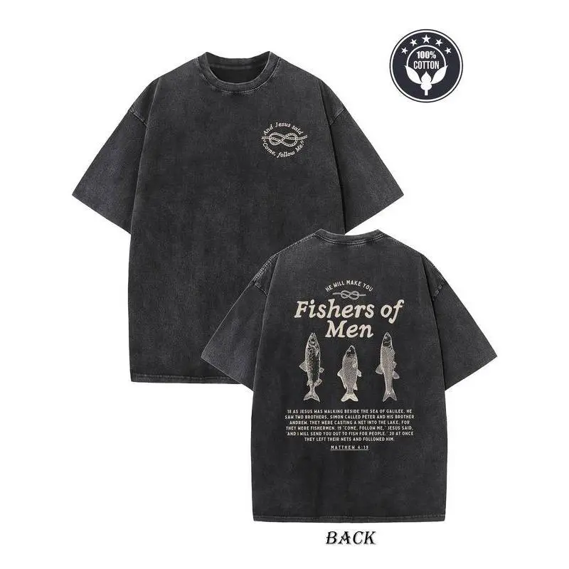 [Winter Outfits]Vintage Fishers of Men Christian Graphic T-Shirt - Heavyweight 230gsm 100%, Double-Sided Print with Fishermen & Luke 410 Design, Loose Fit Unisex Streetwear for Men &