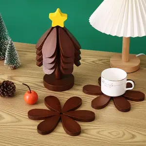 Set of 4 Leaf-Shaped Insulated Tree Mats, Wooden Heat-Resistant Table Mat, Christmas Tree Design, Pot Pad Cup Holder, Modern Simple Plate Pad