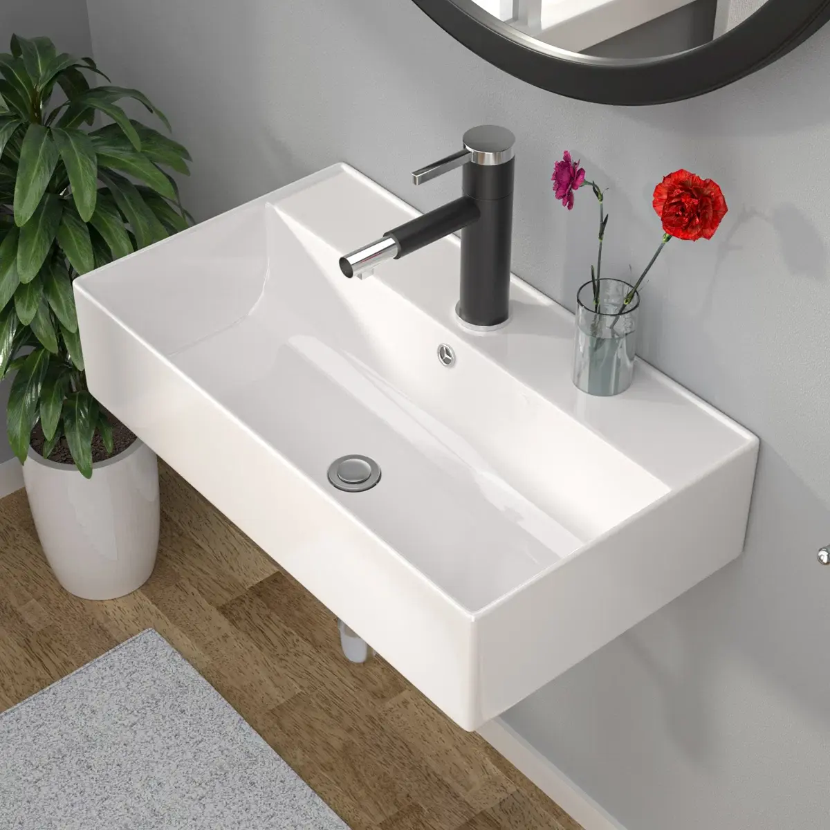 Kichae 21" x 12" Wall Mount Rectangular White Ceramic Bathroom Sink, Large Floating Vessel Lavatory Sink with Overflow Hole for Modern Farmhouse & Full Size Bathroom Renovation