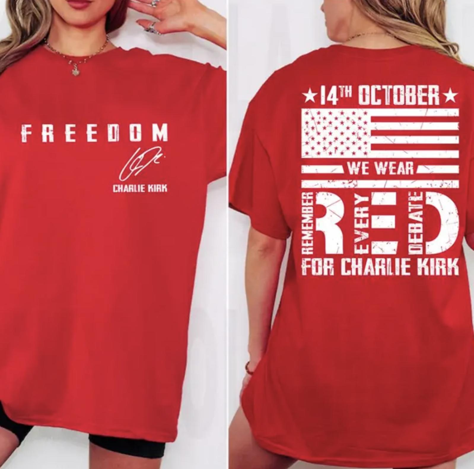 Charlie Kirk Memorial TShirt, We Wear Red October 14 Tribute Tee, Patriotic American Flag Freedom T-Shirt, Remember Every Debate Apparel, For Men & Women, Full Colors – Sizes