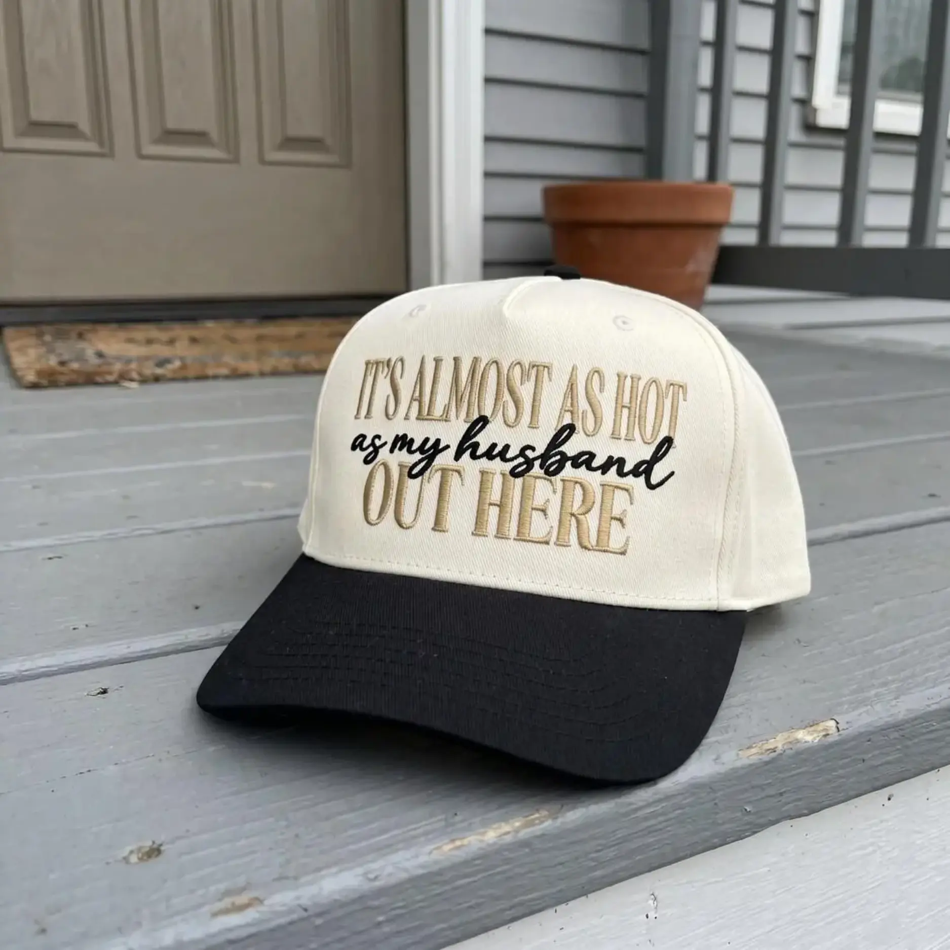 It's Almost As Hot As My Husband Out Here Trucker Hat, Funny Wife Hat, Country Western Cap, Embroidered Snapback, Cowgirl Baseball Cap, Rodeo Hat, Summer Vacation Hat, Southern Lifestyle Gift, Cute Women's Trucker Cap