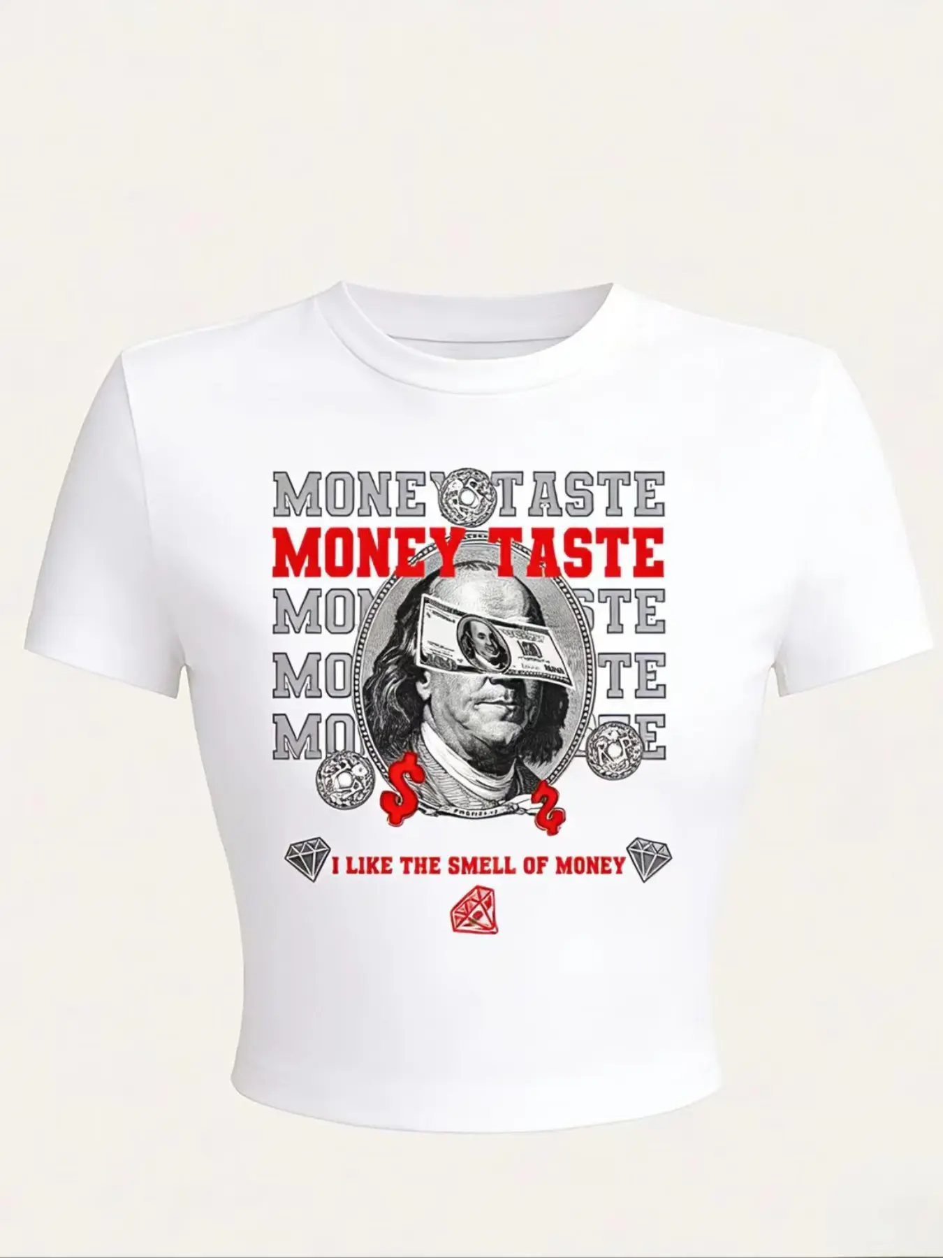 "Money Taste Graphic Crop Top - Breathable Slim Fit Short Sleeve Tee, Viral TikTok Streetwear Baby Tee, Casual Hip Hop Cropped T-Shirt, Trendy Dollar Print Top for Daily & Street Style Outfits, Black & White Color Options"